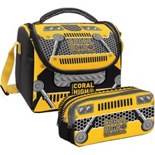 Coral High Erkek Çocuk Siyah Sarı Robot Thermo Beslenme Çantası ve Iki Bölmeli Kalemlik Seti