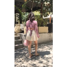 Pembe Şal Desenli Viskon Bağlamalı Crop