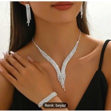 Şık Taşlı Damlalı Püskül Kolye + 1 Çift Küpe + 1 Bileklik Seti