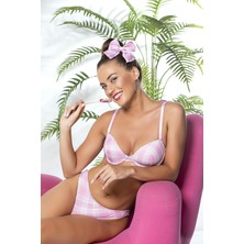 Ekose Desenli Hafif Destekli Sütyen ve Slip Takım Pembe