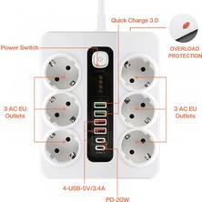 Hobimtek H-04 Akıllı Priz 3000W 10 Amper 6 Lı Priz 2 Metre Çoklu Priz 4 USB 2 Type C Pd Girişli Hızlı Şarj Istasyonu