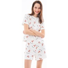 Cottonhill Premium Yazlık Şortlu Kadın Pijama Takımı Ayıcık Desenli Yumuşak Dokulu Bisiklet Yaka Kısa Kollu