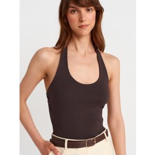 Dilvin 21052 Koyu Kahve Halter Yaka Top Kadın Abiye Kolsuz %95 Pamuk %5 Elastan Kalıp 38