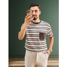 Erkek Bisiklet Yaka Cep Detaylı Yeni Sezon Trend Çizgili Örme T-Shirt