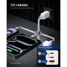 Spigen 67W USB-C + USB-A 3 Port Hızlı Şarj Aleti Samsung PPS 2.0 Isı Düşüren GaN Pro Destekli Akım Korumalı Güç Adaptörü iPhone & Android & iPad & MacBook Type-C White - ACH08710