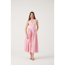 Boyundan Bağlamalı Bele Oturan Uzun Ophelia Elbise Pembe