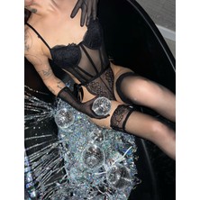 Lizabel Siyah Kurdeleli Dantel Bodysuit