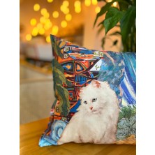 Kedi Desenli Süet Çift Taraflı Dijital Baskı Dekoratif Renkli Kırlent Kılıfı - 30 x 50 cm