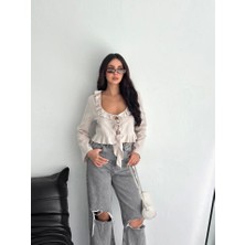 Keten Uzun Kol Bağacık Detaylı Bluz - Bej