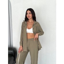 Yakalı Düğmeli Uzun Kollu Gömlek Pantolon Ikili Takım - Bej