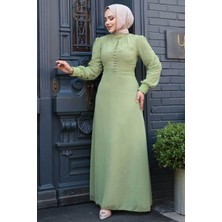 Düğme Detaylı Fıstık Yeşili Tesettür Elbise 2703FY