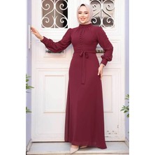 Düğme Detaylı Vişne Tesettür Elbise 2703VSN