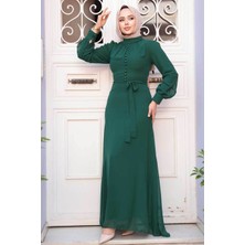 Düğme Detaylı Zümrüt Yeşili Tesettür Elbise 2703ZY