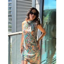 Kadın Kolsuz Boyundan Askılı Desenli Midi Süprem Elbise