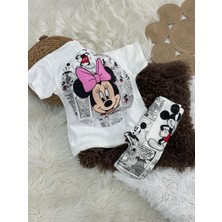 The Littles Kids Minnie Figürlü Sırt Baskılı Beli Lastikli Pamuklu Kumaş Yarım Biker Taytlı Kız Çocuk İkili Takım