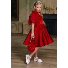 Kız Çocuk Göğsü Inci Taş Işlemeli Tek Omuz Şeffaf Askılı Eteği Kabarık Kırmızı Abiye