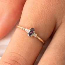 Fasek Gold Gümüş Yüzük -  0,30CT Aleksandrit 0,10 Ct Pırlanta(Signty Taşlı)Minimal Oval Taşlı Tria Pırlanta Hediye Gümüş Yüzük