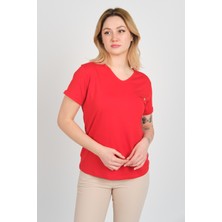 Sistas Kadın Kısa Kollu Süs Cep Detaylı Duble Kol Bluz 4110 Kırmızı
