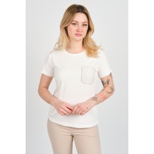 Sistas Kadın Süs Cebi Ince Zincir Işlemeli Kısa Kollu Bisiklet Yaka Bluz 4277 Ekru