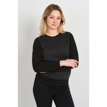 Sistas Kadın Simli Desenli Bisiklet Yaka Uzun Kol Bluz 24621 Siyah