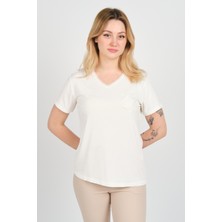 Sistas Kadın V Yaka Boncuk Işlemeli Kısa Kol Bluz 4142 Ekru