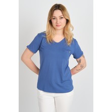 Sistas Kadın Kısa Kollu Süs Cep Detaylı Duble Kol Bluz 4110 Indigo