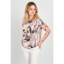 Sistas Kadın Düşük Kol Desenli Bisiklet Yaka Bluz 24280 Vizon