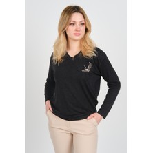 Sistas Kadın Uzun Kollu V Yaka Işleme Detaylı Bluz 4565 Antrasit