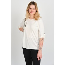 Sistas Kadın Truvakar Kol Pul Payet ve Süsleme Detaylı Bisiklet Yaka Bluz 24004 Ekru