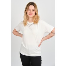 Sistas Kadın Yakası Parlak Taş Süslemeli Kısa Kollu Bluz 24281 Ekru