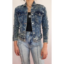 Kadın Düğmeli Denim Batik Desen Kot Ceket