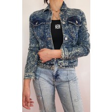 Kadın Düğmeli Denim Batik Desen Kot Ceket