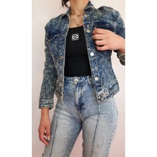 Kadın Düğmeli Denim Batik Desen Kot Ceket