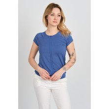 Sistas Kadın Sırt ve Omzu Tül Detaylı Beli Lastikli Bisiklet Yaka Bluz 23064 Indigo