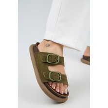 Manijero (Lavanda 2) Kadın Hakiki Deri Çift Tokalı Haki Terlik