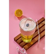 Ny Home Cam Pipetli, Sızdırmaz Kapaklı -Pembe Şeritli Cam Bardak