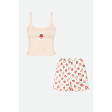 Kadın Ince Askılı Desenli Pamuklu Şortlu Pijama Takımı