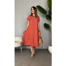 Defy Moda Kadın Kısa Kollu V Yaka Salaş Maxi Boy Elbise