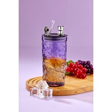 Ny Home Ayıcık Figürlü Cam Pipetli Meşrubat Bardağı Mor 420 ml