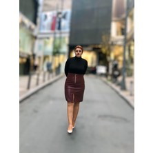 Fermuarlı Deri Mini Etek