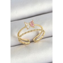 Pirinç Kelebek Figürlü Zirkon Taşlı Gold Renk Ayarlanabilir Kadın Yüzük