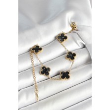 316L Çelik Sedefli Siyah Gold Renk Yonca Kadın Bileklik