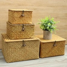Bahçem Çok Amaçlı Kapaklı Bambu Hasır Sepet 4'lü Set