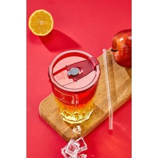 Premium Cam Bardak – Şerit Detaylı, Pipetli, Sızdırmaz Kapaklı / Kırmızı Kapaklı - Tekli