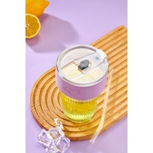 Premium Cam Bardak – Şerit Detaylı, Pipetli, Sızdırmaz Kapaklı / Mor Şeritli