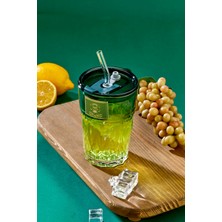 Premium Cam Bardak – Ayıcık Logolu, Pipetli, Sızdırmaz Kapaklı / Yeşil Kapaklı - Tekli
