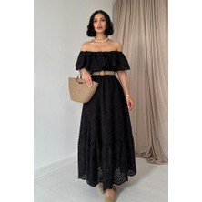Nidam Butik Siyah Omzu Lastikli Brode Elbise