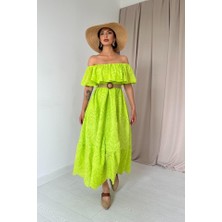 Gökyüzü Moda Yağ Yeşili Omzu Lastikli Brode Elbise