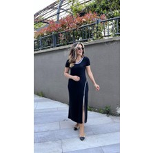 Tua Moda Kadın Yuvarlak Ribana Yaka Beyaz Yırtmaç Detaylı Viskon Tam Boy Elbise