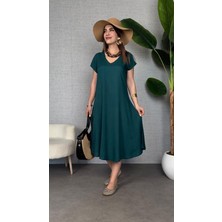 Gökyüzü Moda Kadın Kısa Kollu V Yaka Salaş Maxi Boy Elbise